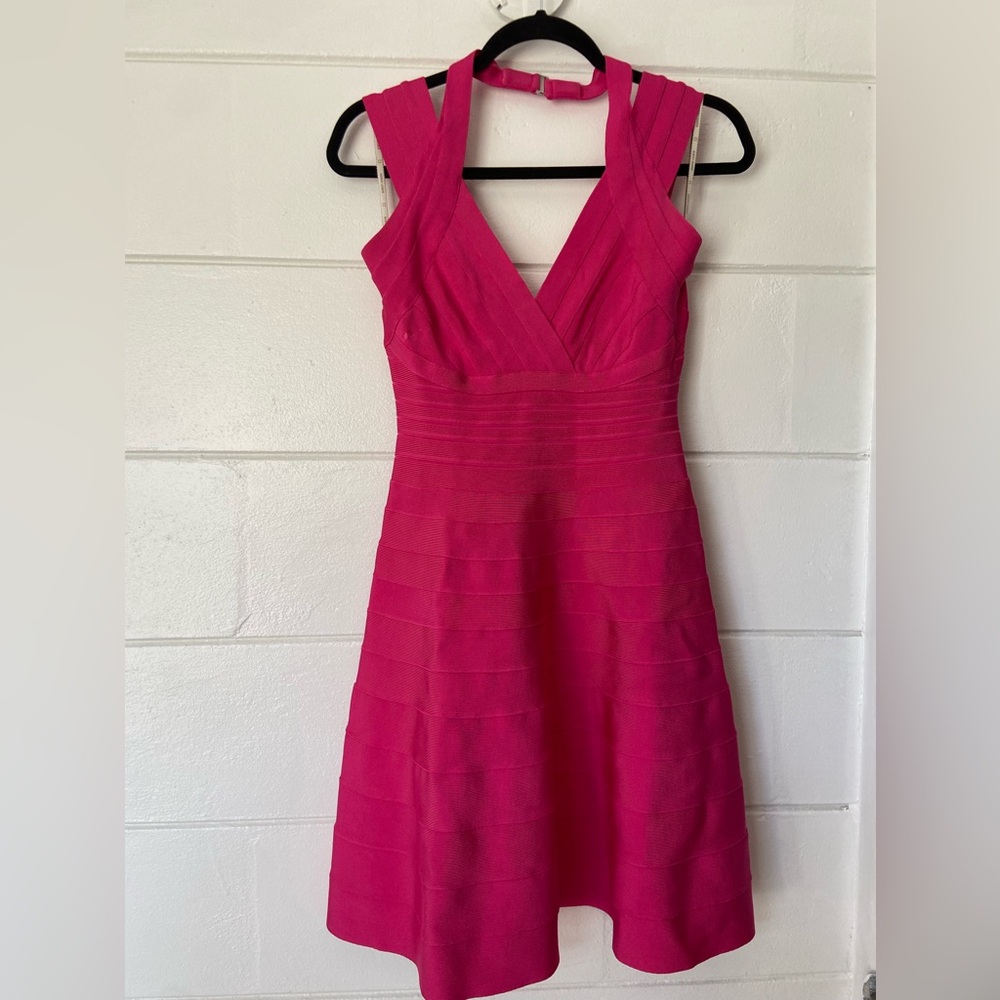 Herve Leger after party cocktail dress form fitting hot pink